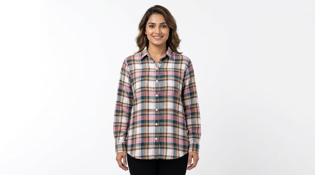 HENNY Women's Pink and Blue Plaid Flannel Shirt, XL