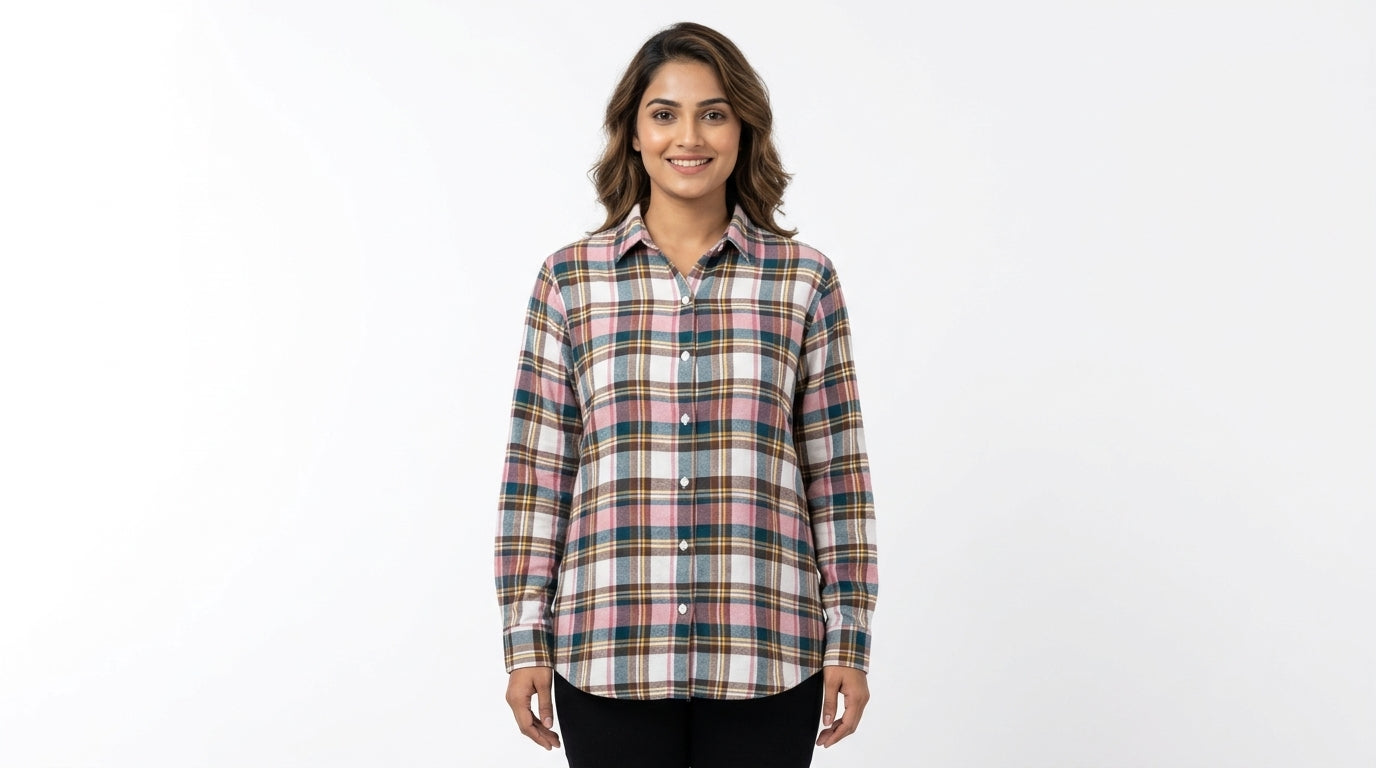 HENNY Women's Pink and Blue Plaid Flannel Shirt, XL