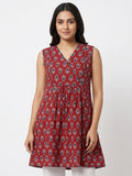 Maroon Printed Sleeveless V-Neck Kurti