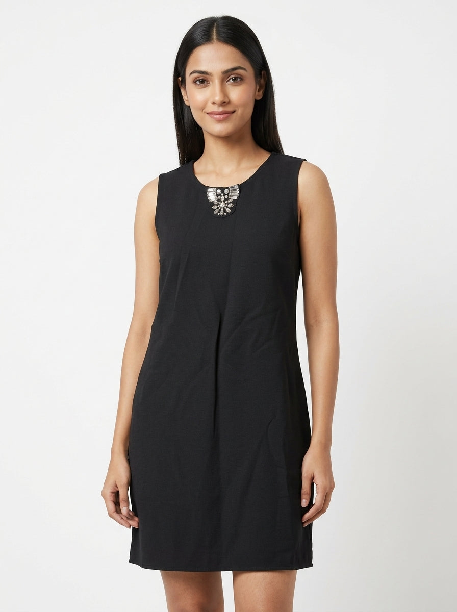 Women's Black Embellished Sleeveless Dress