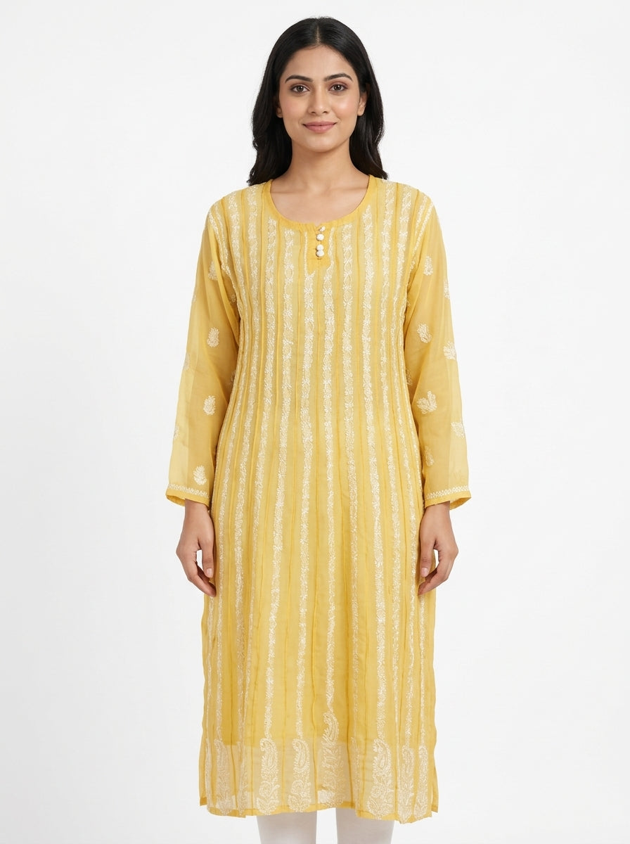 Women's Yellow Embroidered Viscose Kurti