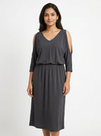 Women's Charcoal V-Neck Cold Shoulder Dress