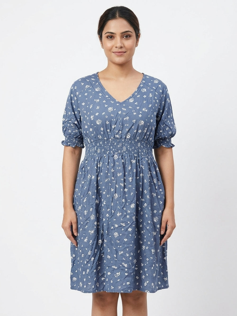 Women's Blue Floral Print V-Neck Casual Dress
