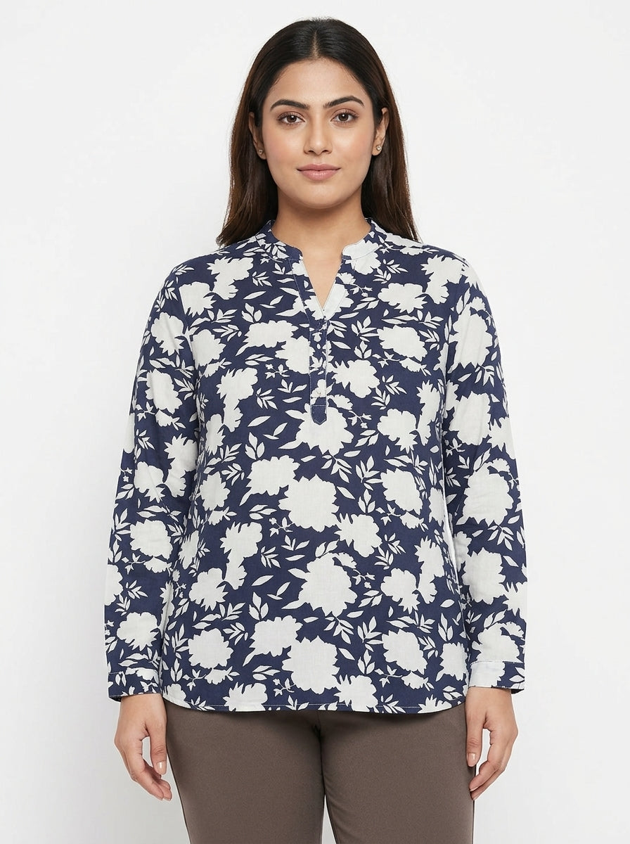 Women's Navy Blue & White Floral Print Casual Top