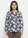 Women's Navy Blue & White Floral Print Casual Top