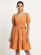 Orange Textured Puff Sleeve Tiered Dress