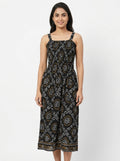 Women's Black Patterned Smocked Strappy Dress