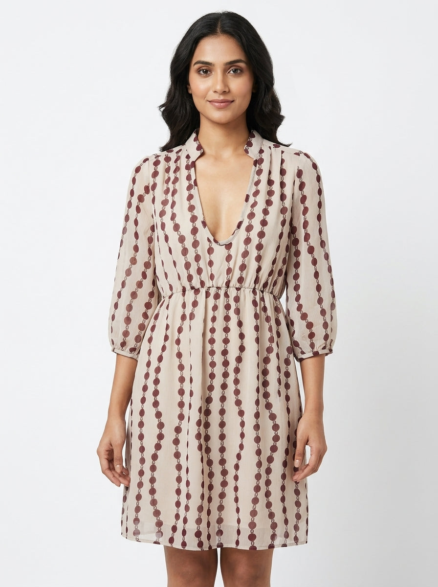Cream Chain Print V-Neck Midi Dress