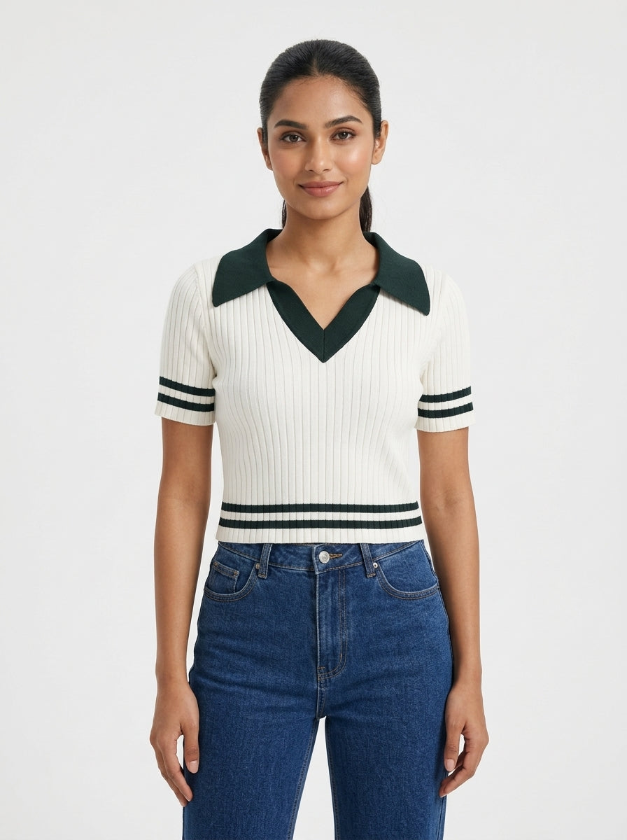 Women's White Ribbed Polo Collar Knit Top