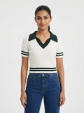 Women's White Ribbed Polo Collar Knit Top