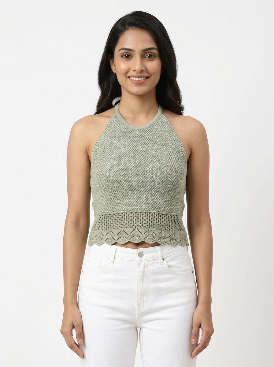 Mint Knitted Halter Neck Crop Top