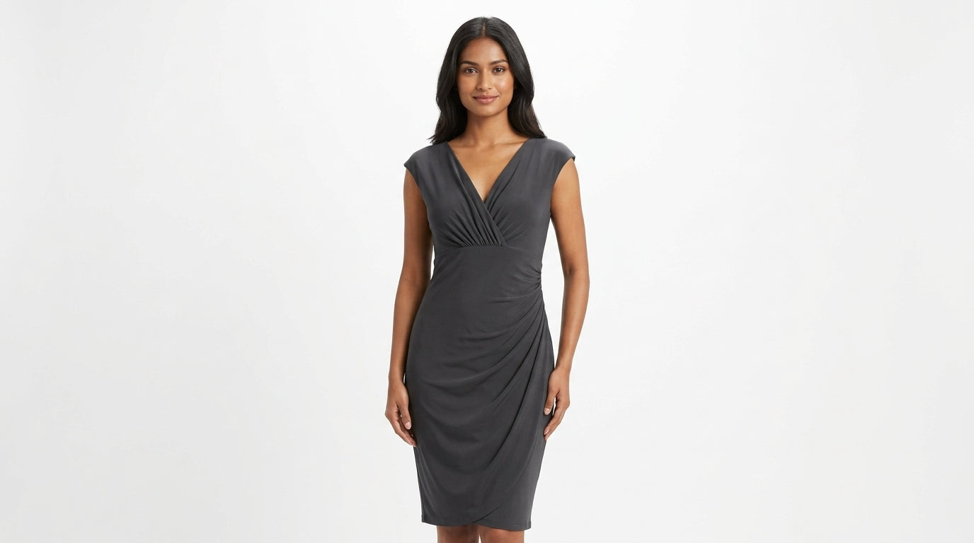 Charcoal Draped V-Neck Slim Fit Dress
