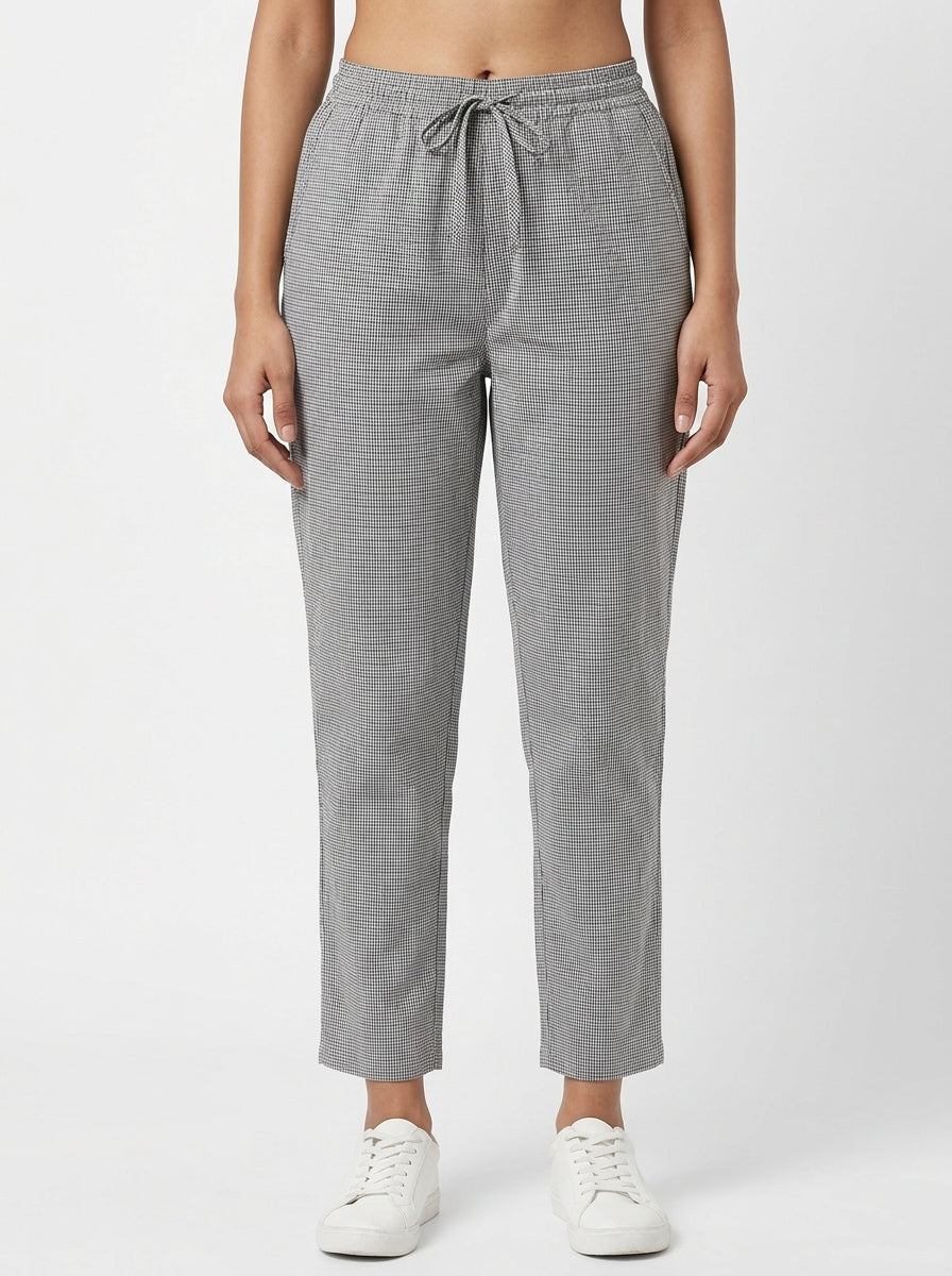 Grey Checkered Elastic Waist Trousers