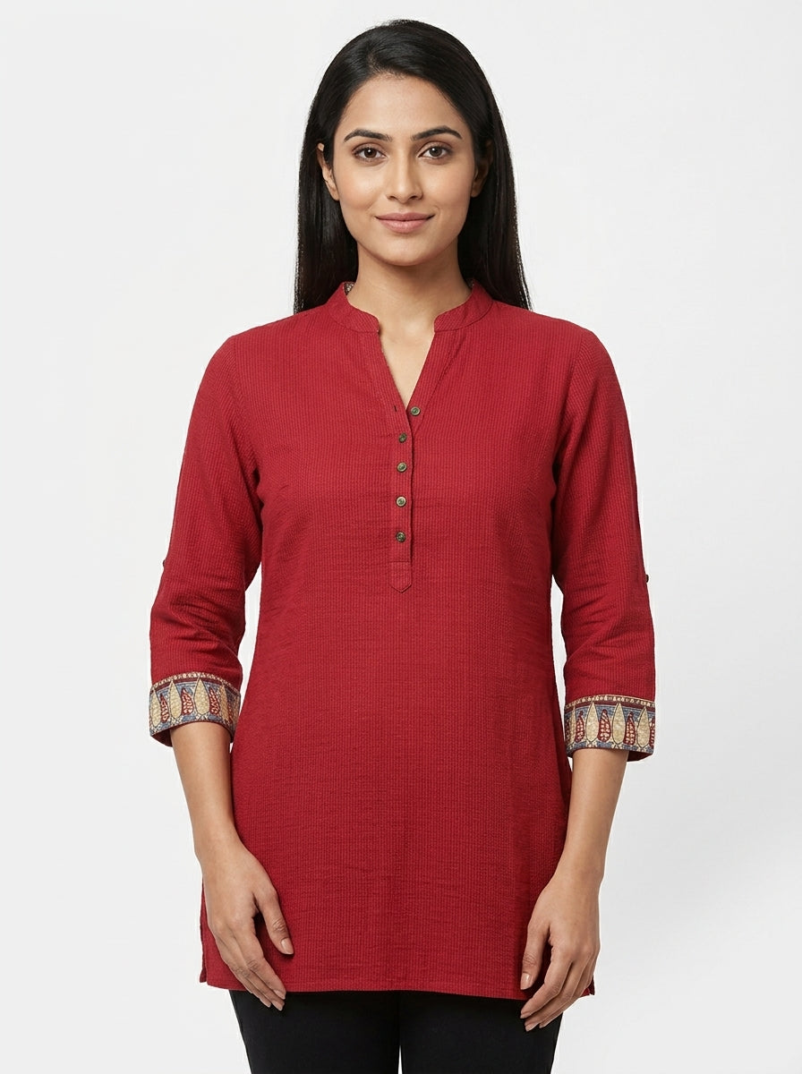 Fabindia Red Cotton Kurti with Mandarin Collar