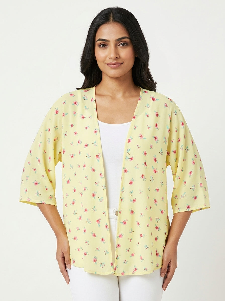 Women's Yellow Floral Print Shrug