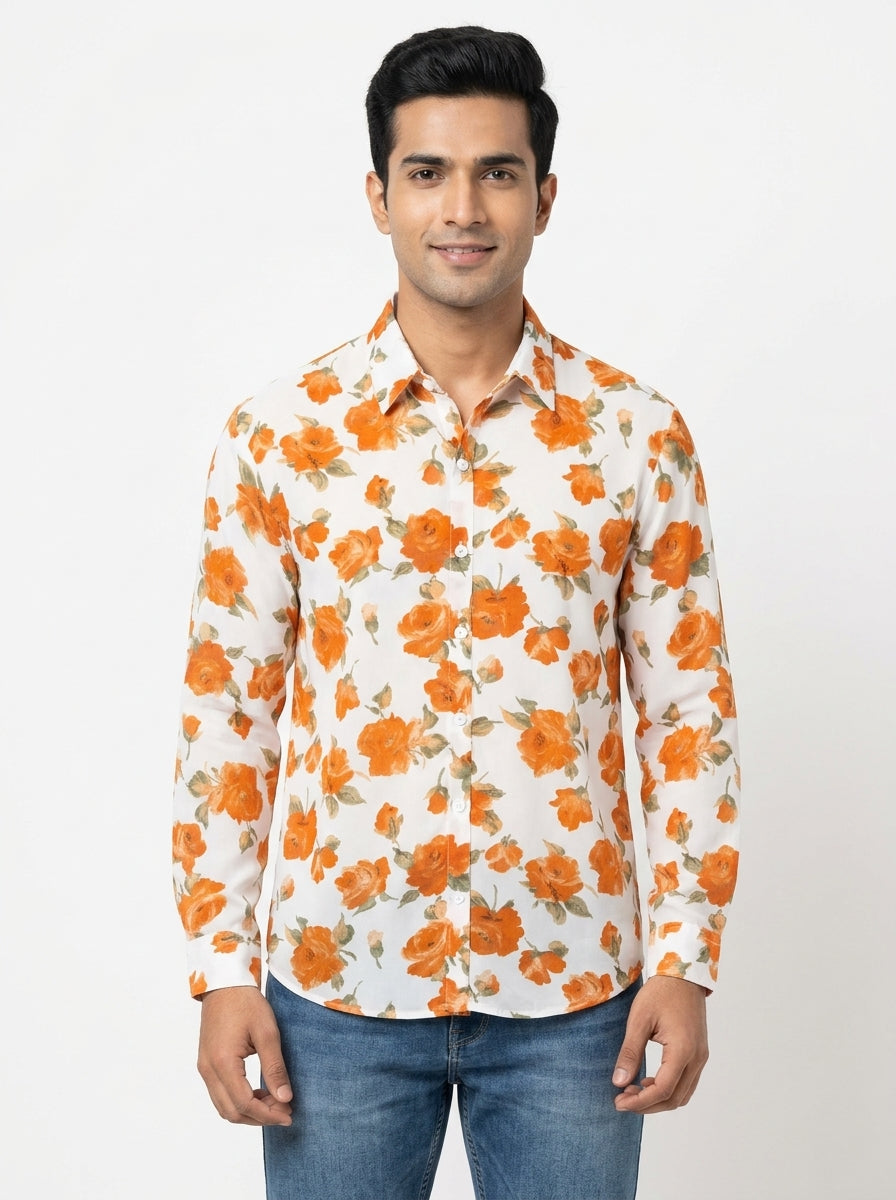 White & Orange Floral Print Casual Shirt