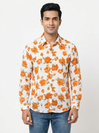 White & Orange Floral Print Casual Shirt