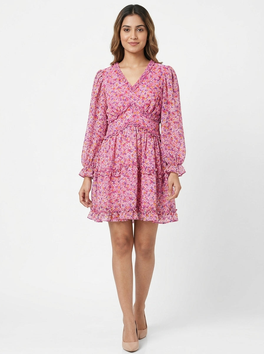 Pink Floral Print Ruffled Mini Dress