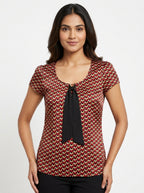 Red Geometric Print Tie-Neck Short Sleeve Top