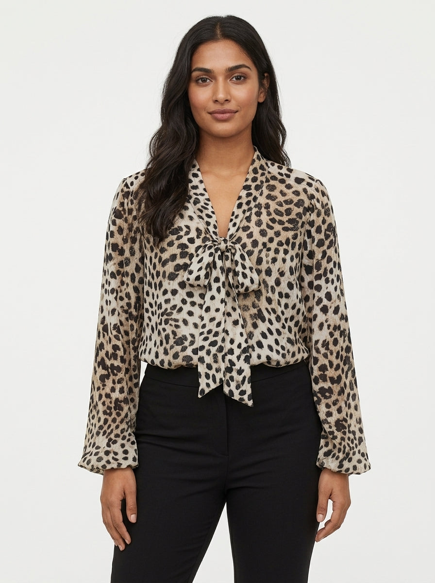 Beige Leopard Print V-Neck Blouse