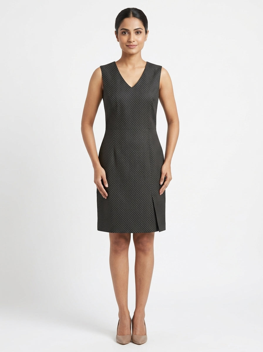 Charcoal Sleeveless Formal Dress with Gold Accent Pattern