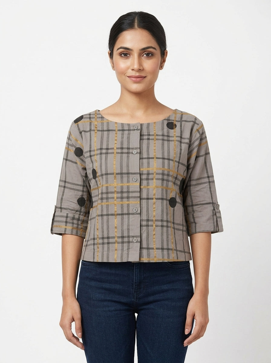 Women's Grey Plaid & Polka Dot Casual Top