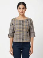 Women's Grey Plaid & Polka Dot Casual Top