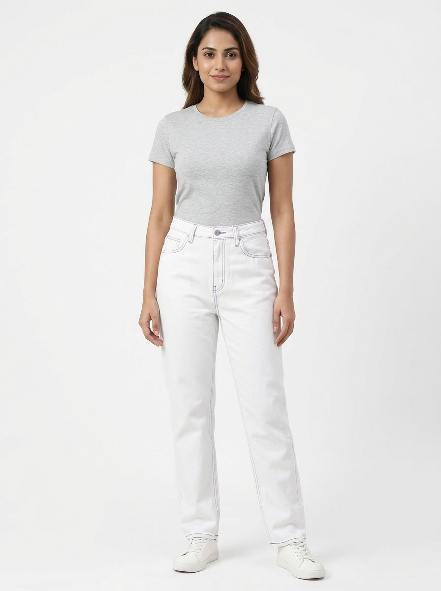 White Regular Fit Denim Jeans with Contrast Stitching