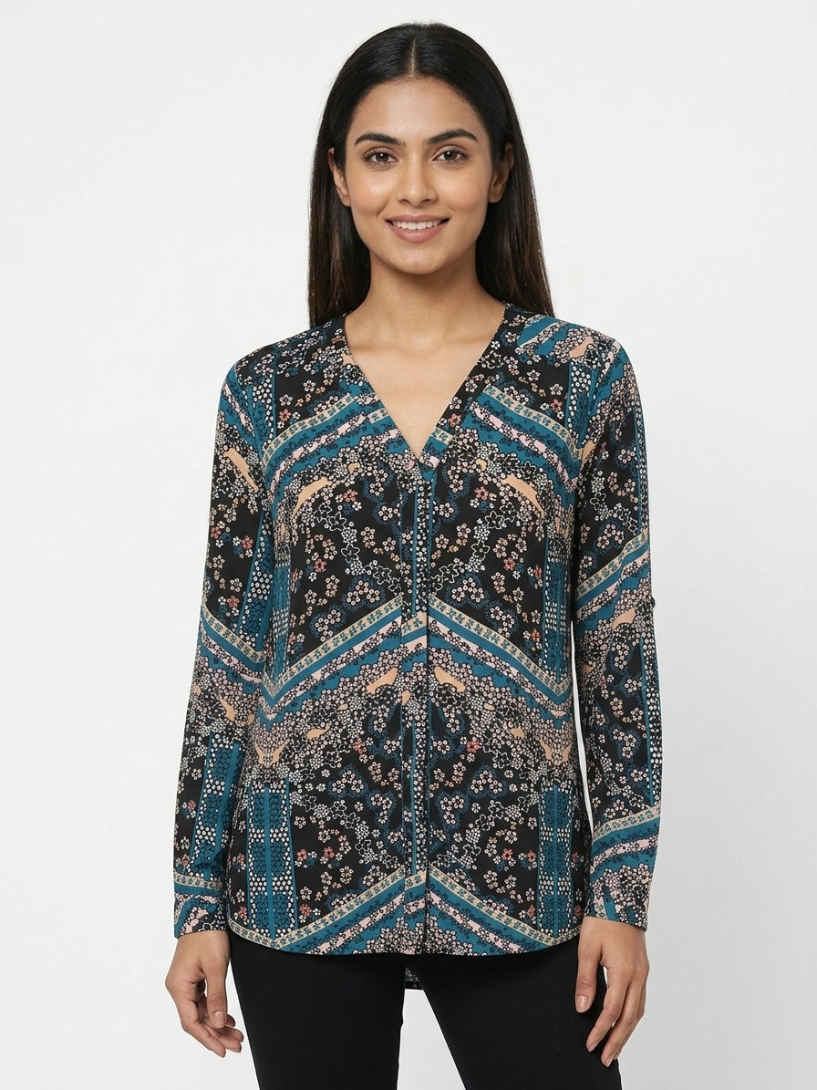 Women's Floral Patterned V-Neck Long Sleeve Top