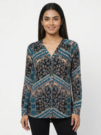 Women's Floral Patterned V-Neck Long Sleeve Top