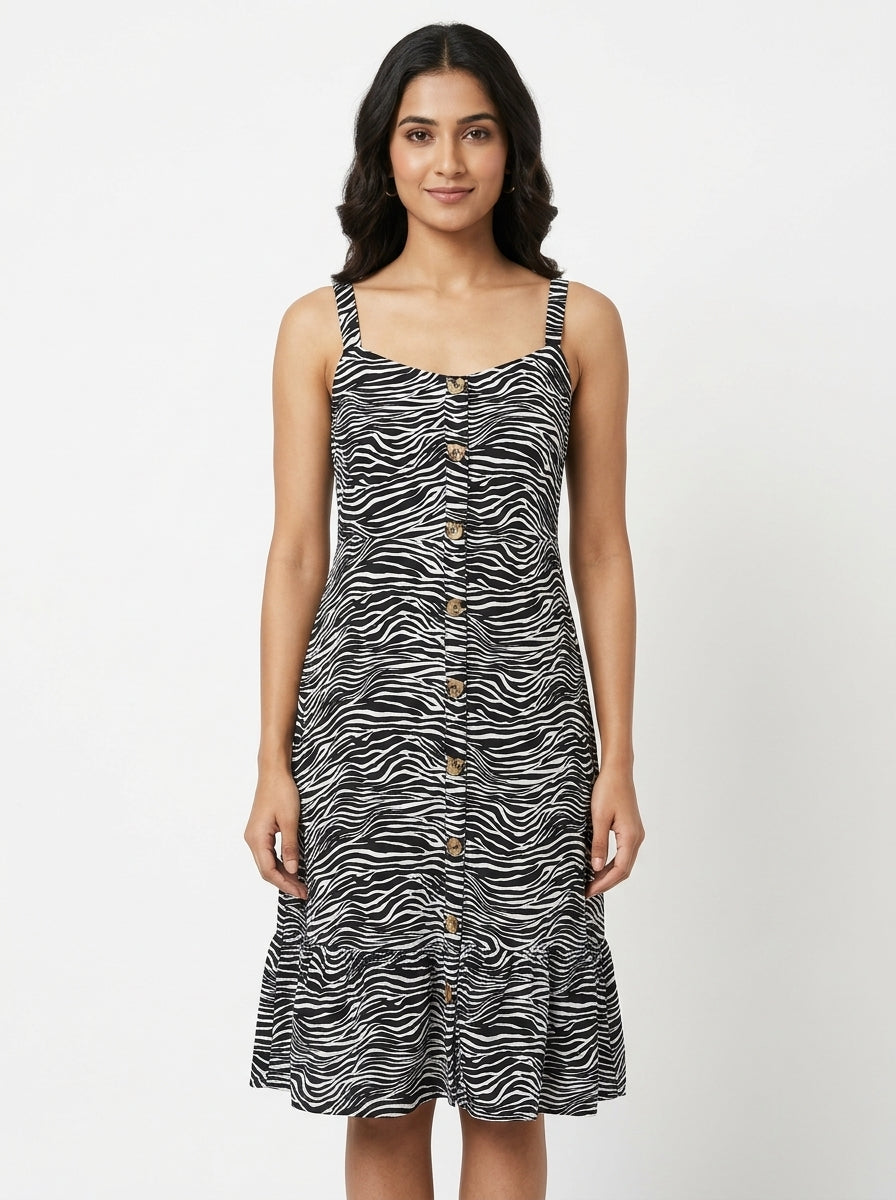 Women's Black & White Zebra Print Button-Front Strappy Dress