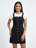 Women's Black Button-Front Pinafore Dress