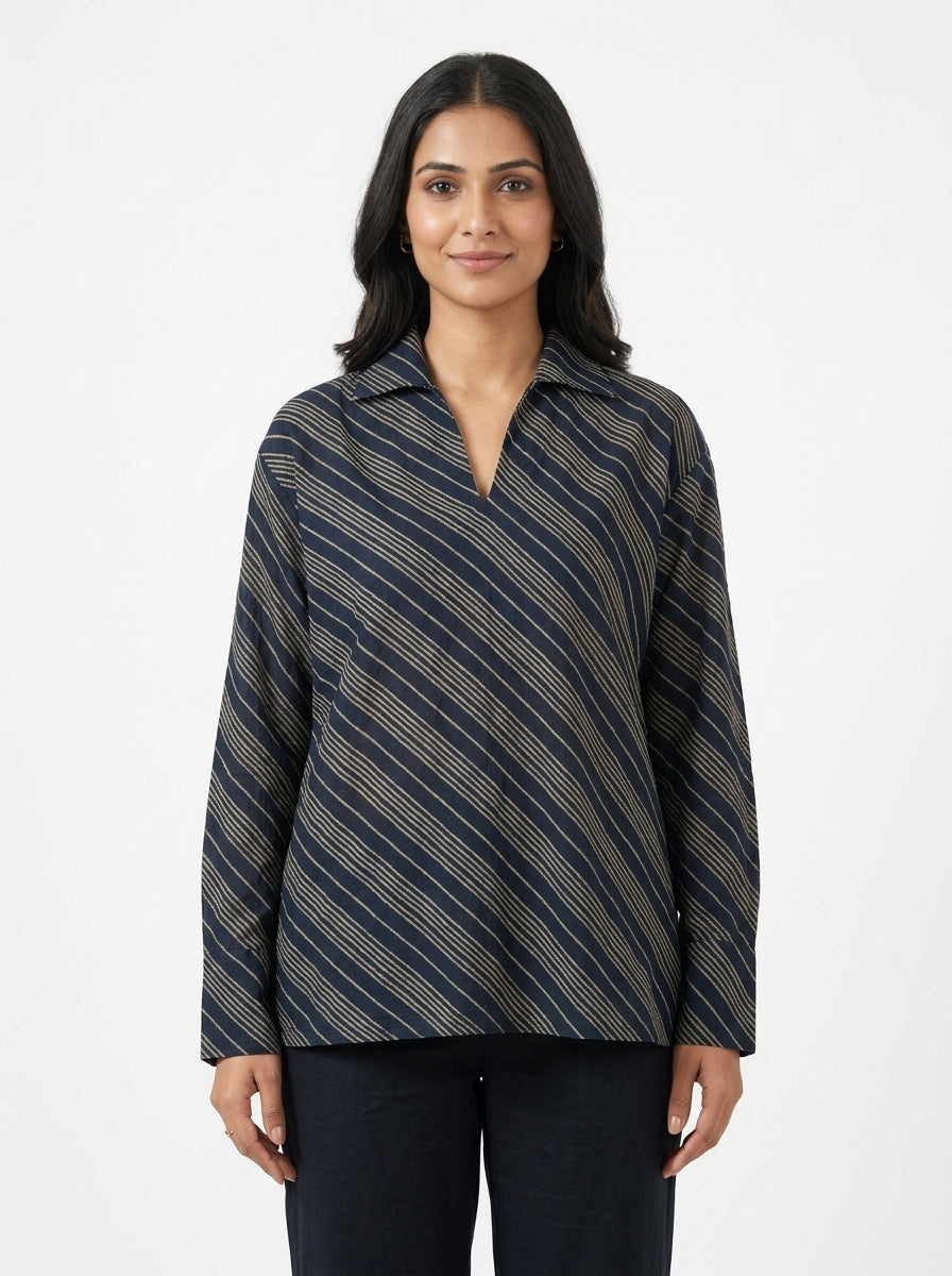 Navy Striped Relaxed Fit V-Neck Tunic Top