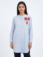 Blue Striped Embroidered Tunic Top