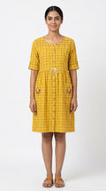 Yellow Checkered Button-Down Casual Dress