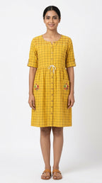 Yellow Checkered Button-Down Casual Dress