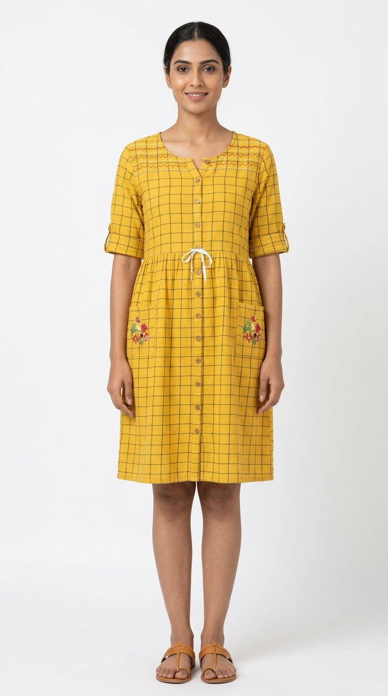 Yellow Checkered Button-Down Casual Dress