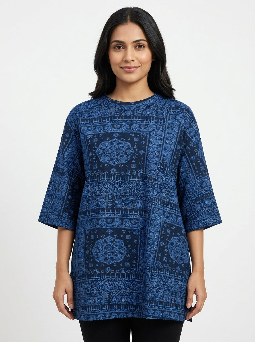 Navy Blue Bandana Print Relaxed Fit T-Shirt