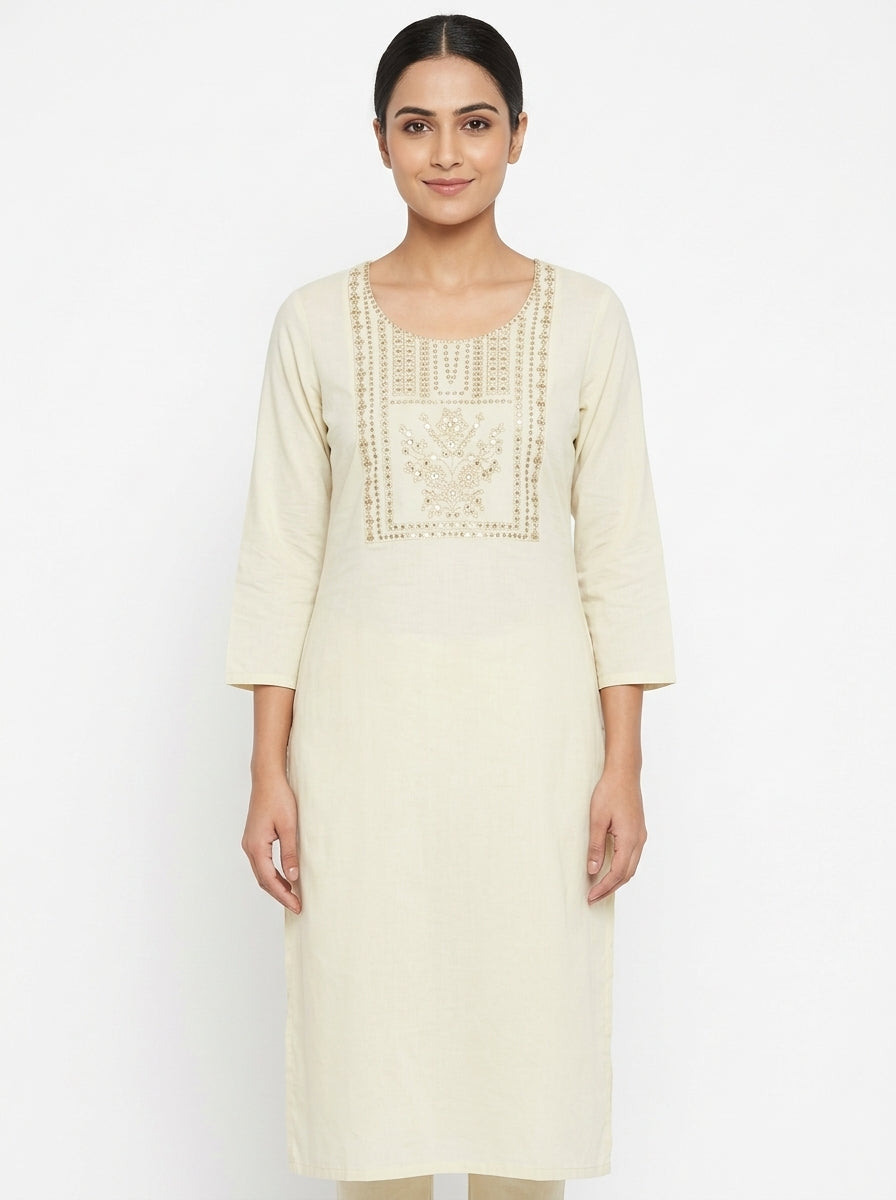 Cream Embroidered Round Neck Kurti