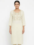 Cream Embroidered Round Neck Kurti