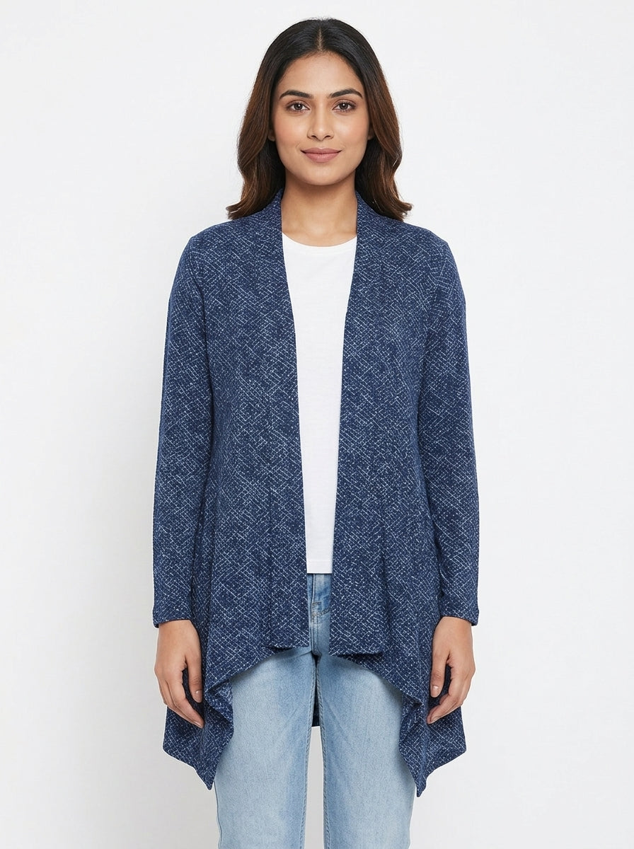 Navy Blue Printed Open Front Shrug