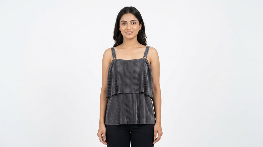 Women's Charcoal Pleated Layered Camisole Top