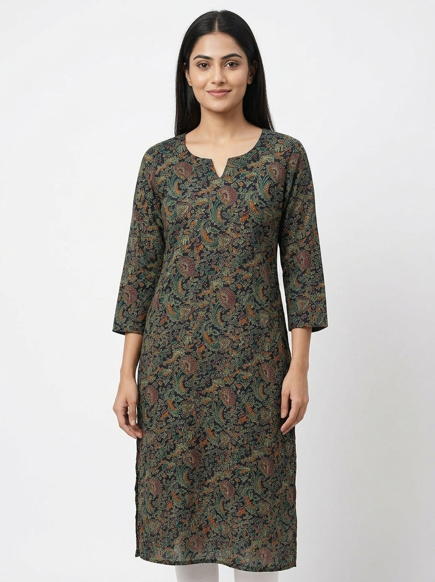 Navy Blue Printed V-Neck Kurti
