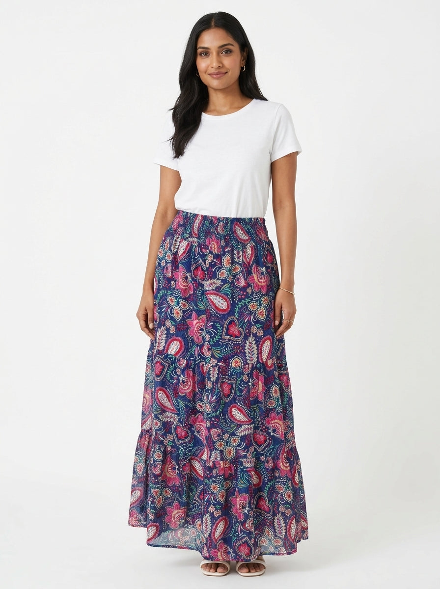 Women's Navy Blue Floral Paisley Print Maxi Skirt