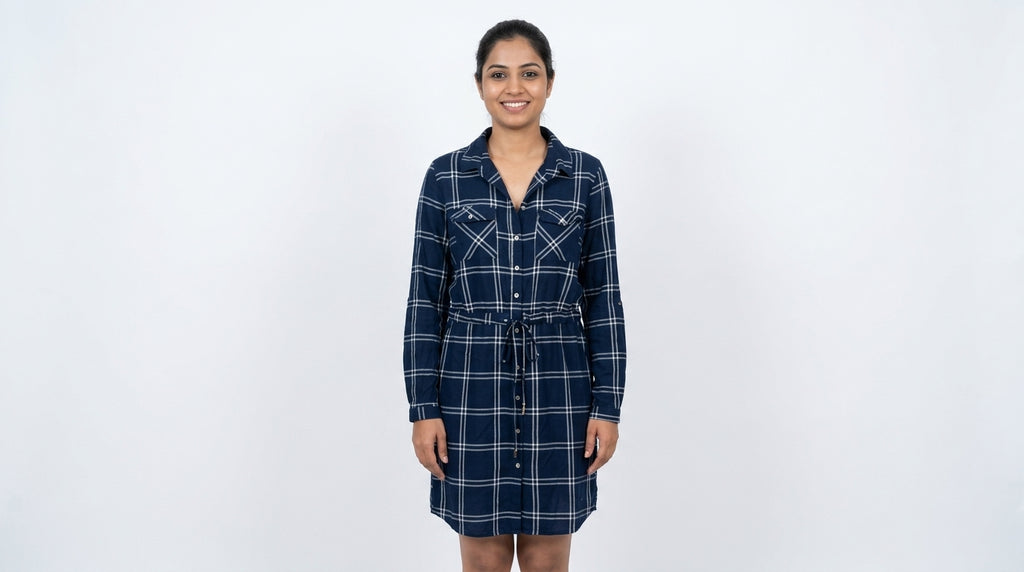Navy Blue Plaid Drawstring Waist Shirt Dress