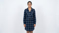 Navy Blue Plaid Drawstring Waist Shirt Dress