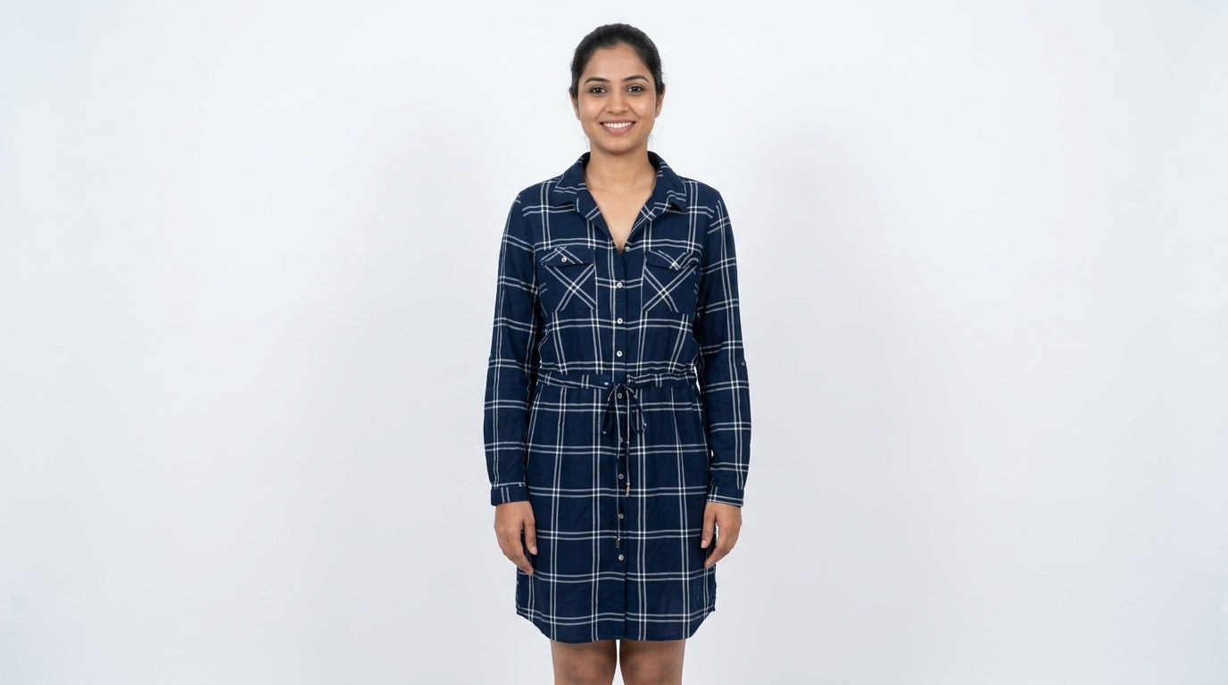 Navy Blue Plaid Drawstring Waist Shirt Dress