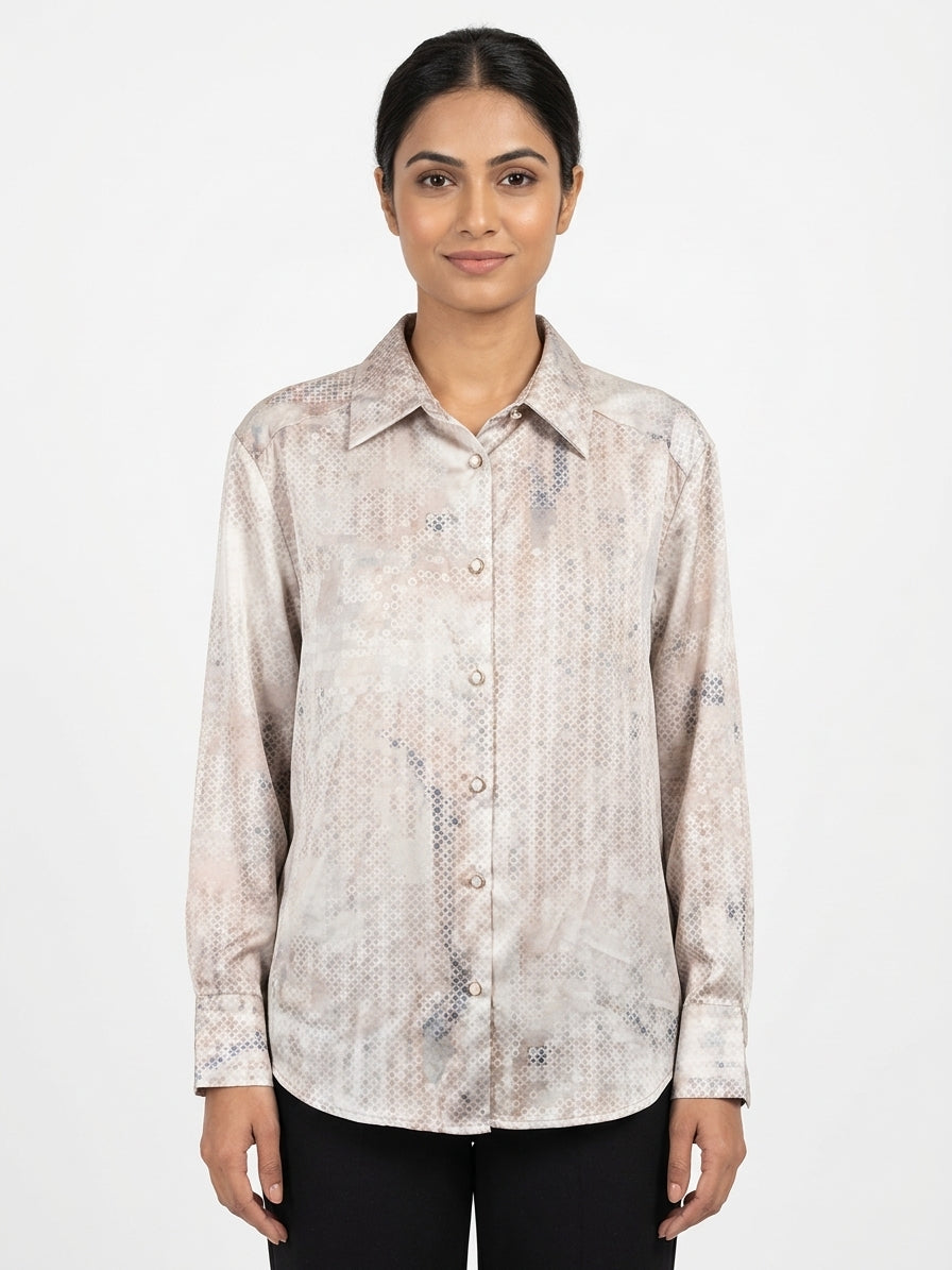Cream Printed Casual Full Sleeve Shirt
