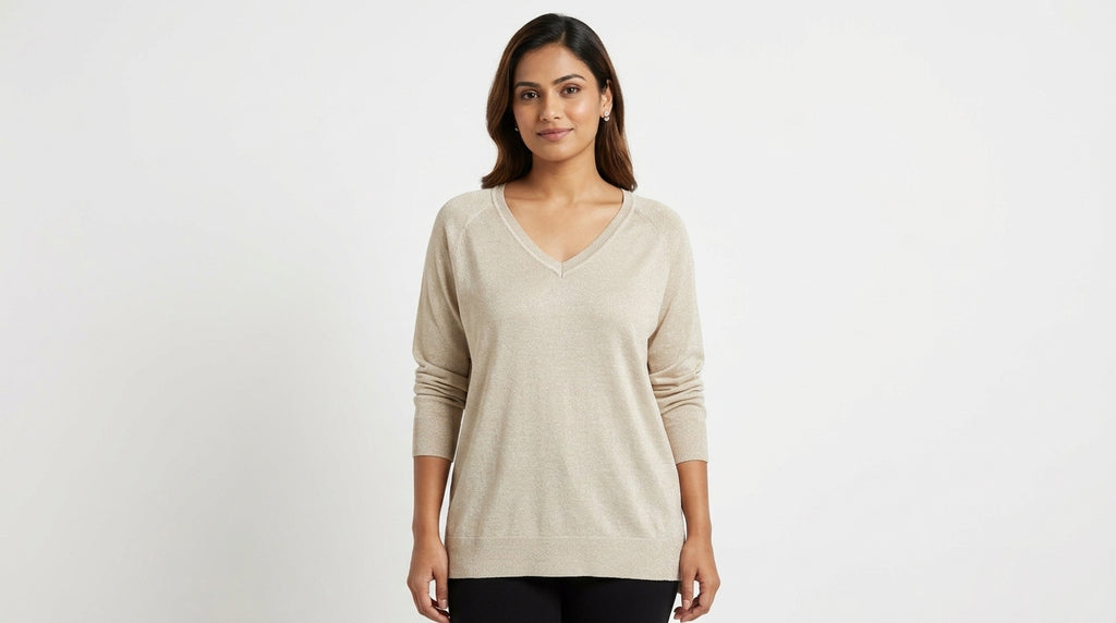 CODE Women's Shimmer Trim Knit Top in Beige/Gold
