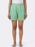 Teal & Green Zig-Zag Printed Relaxed Fit Shorts